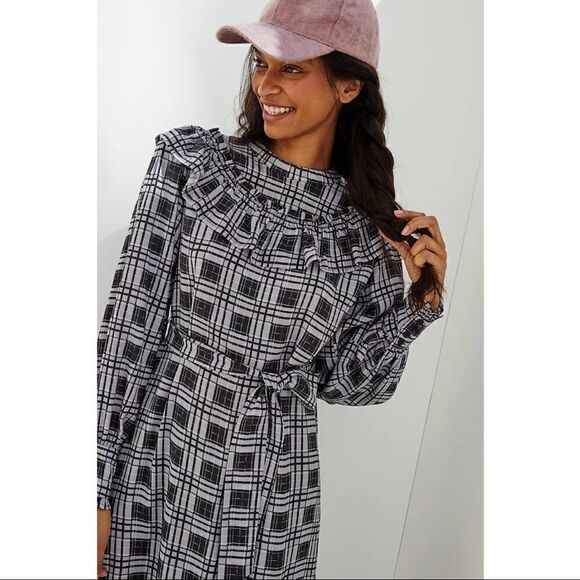 NEW Anthropologie Porridge Vincenne Black Moc Neck Ruffled Midi Dress Small - Picture 1 of 4